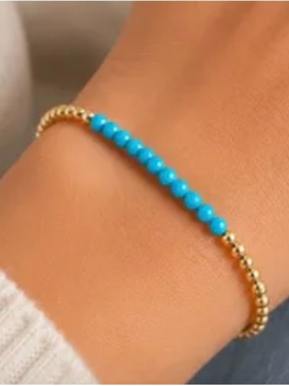 Gold Beaded Elastic Bracelet with Bright Turquoise Beads - Women Jewelry